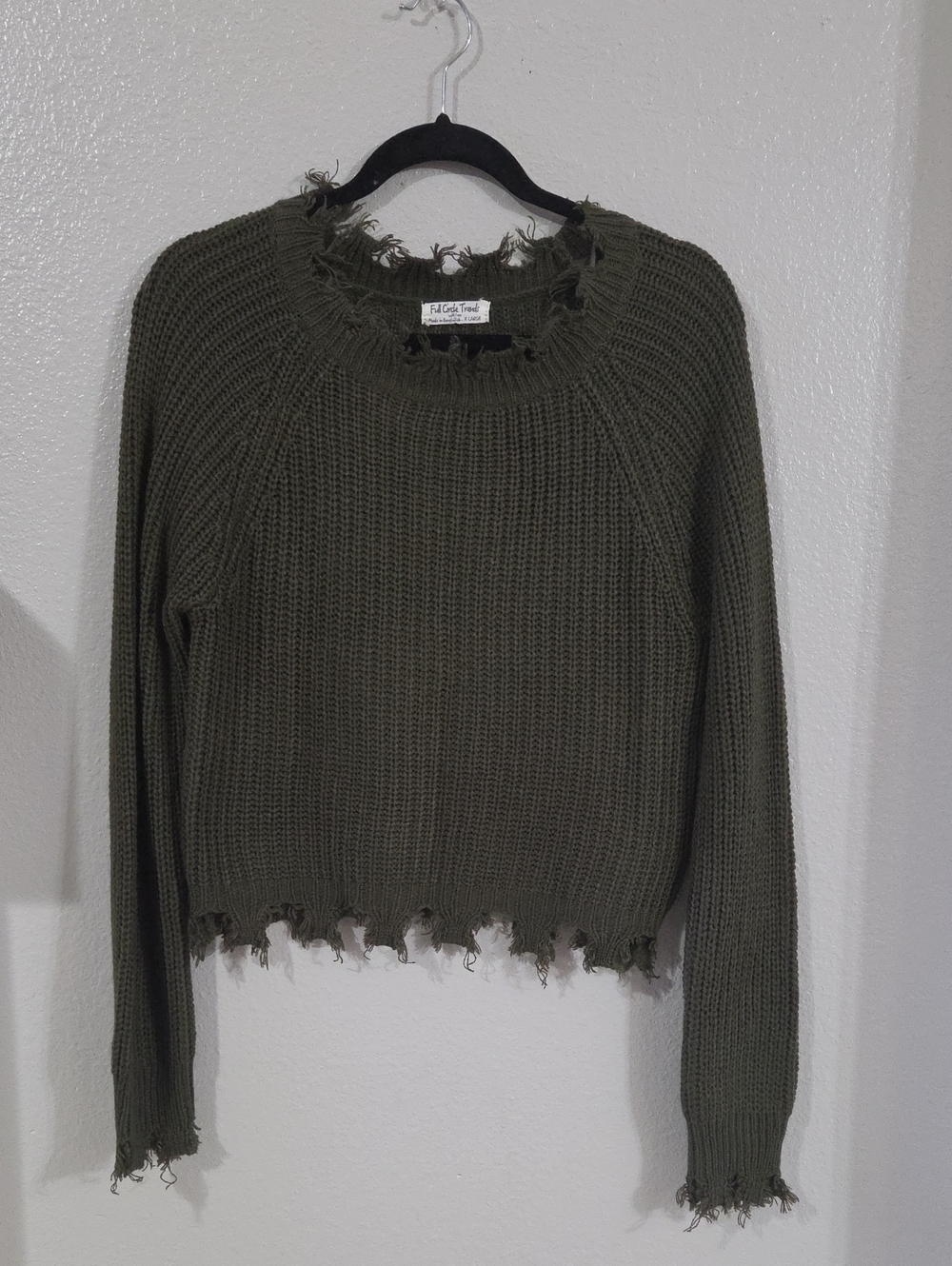 Frayed Thrashed Crewneck Sweater in Olive Green
